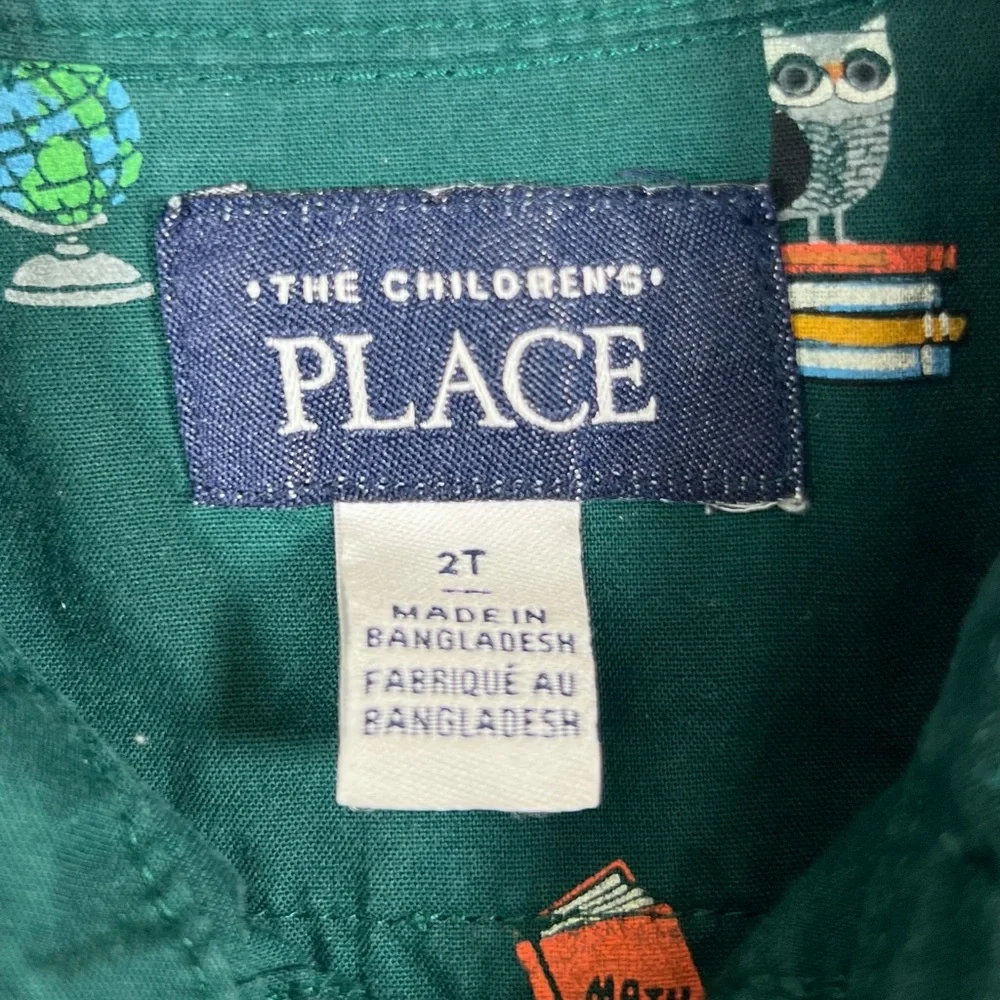 THE CHILDRENS PLACE Boys Doodle Poplin Button Up‎ Shirt 2T Back to School Green